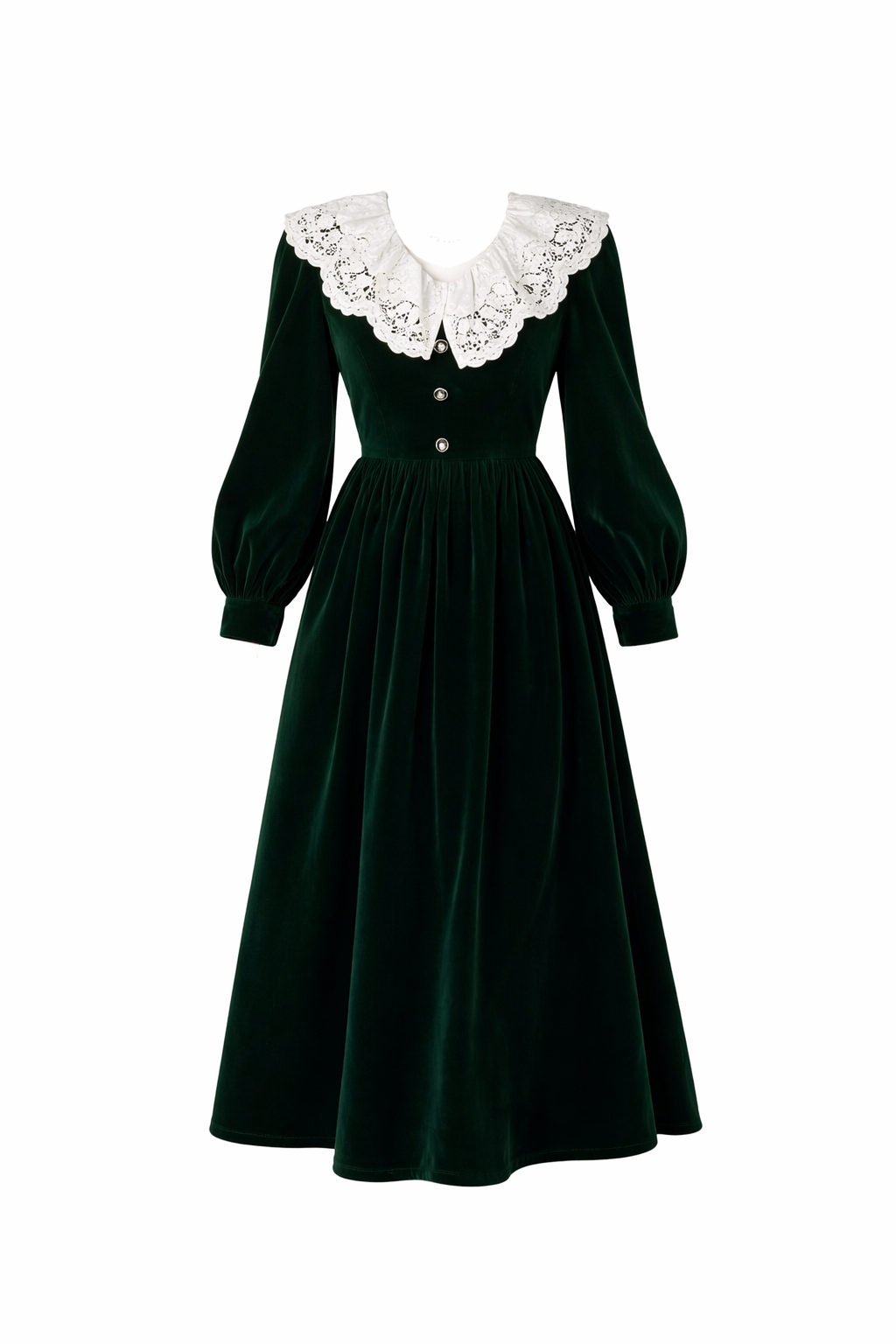 Dark Cottagecore Emerald Velvet Lace Collar Midi Dress