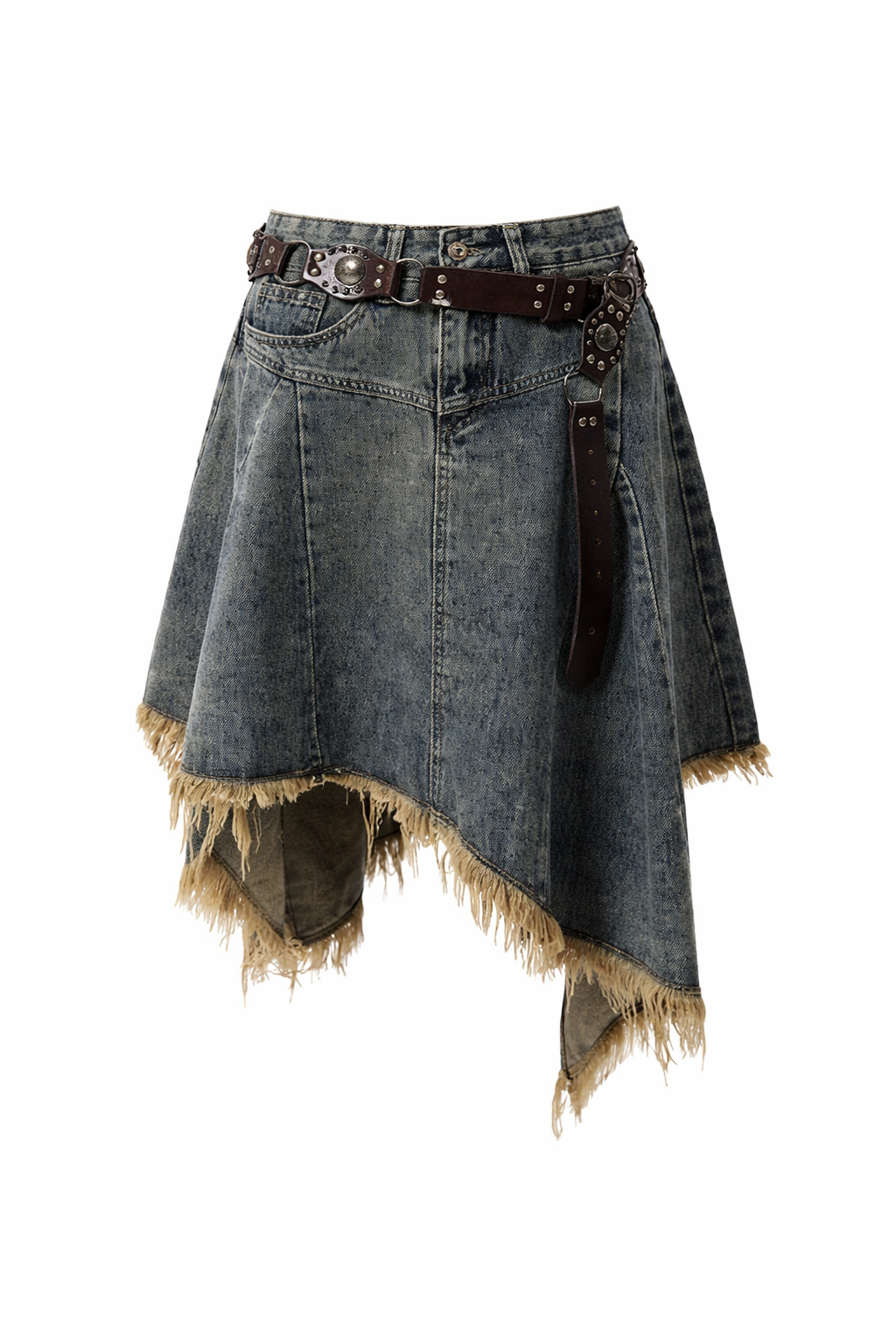 Fairy Grunge Asymmetrischer Rock aus zerrissenem Denim mit Nieten-Gürtel