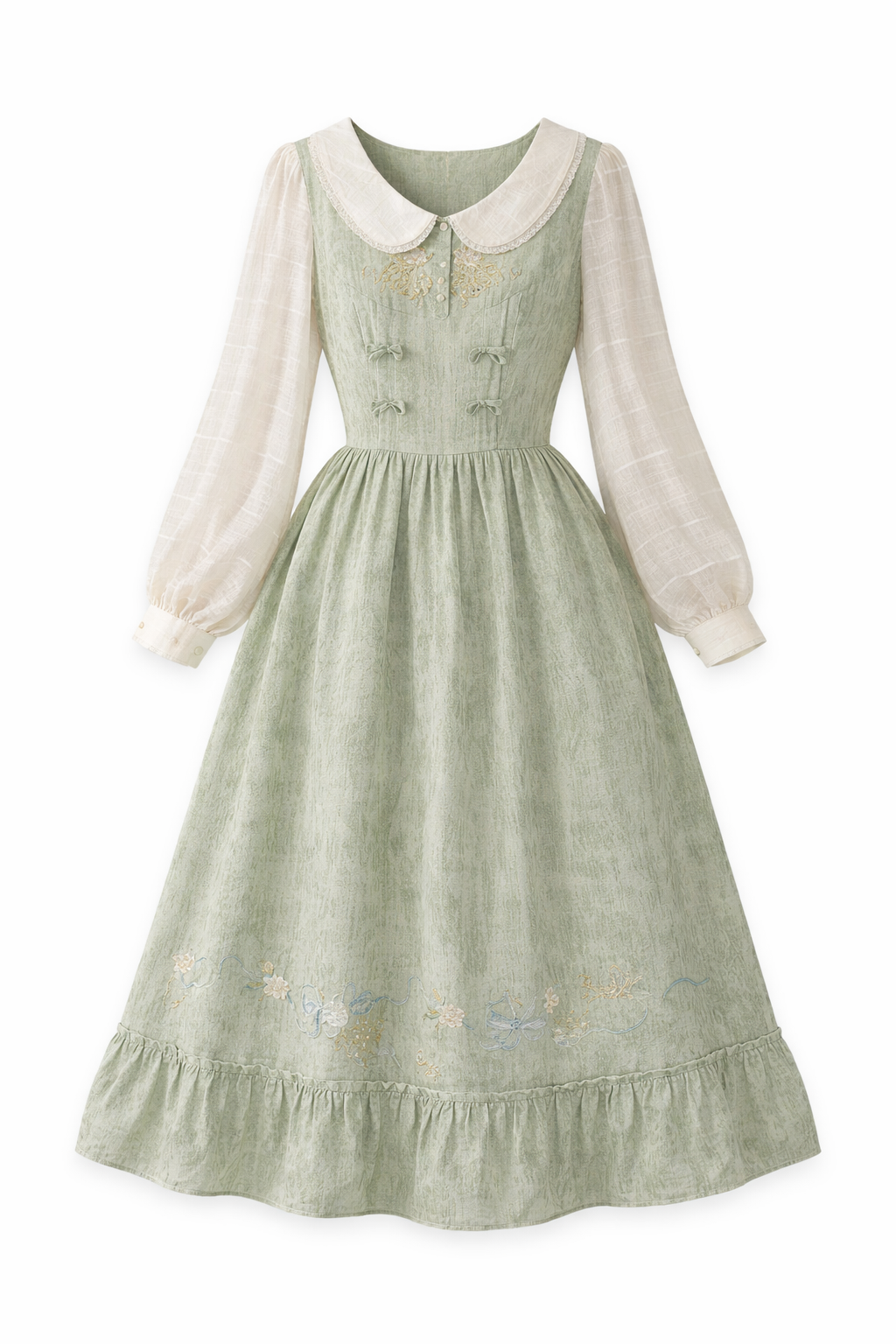 Mori Girl Celadon Embroidered Pinafore Dress