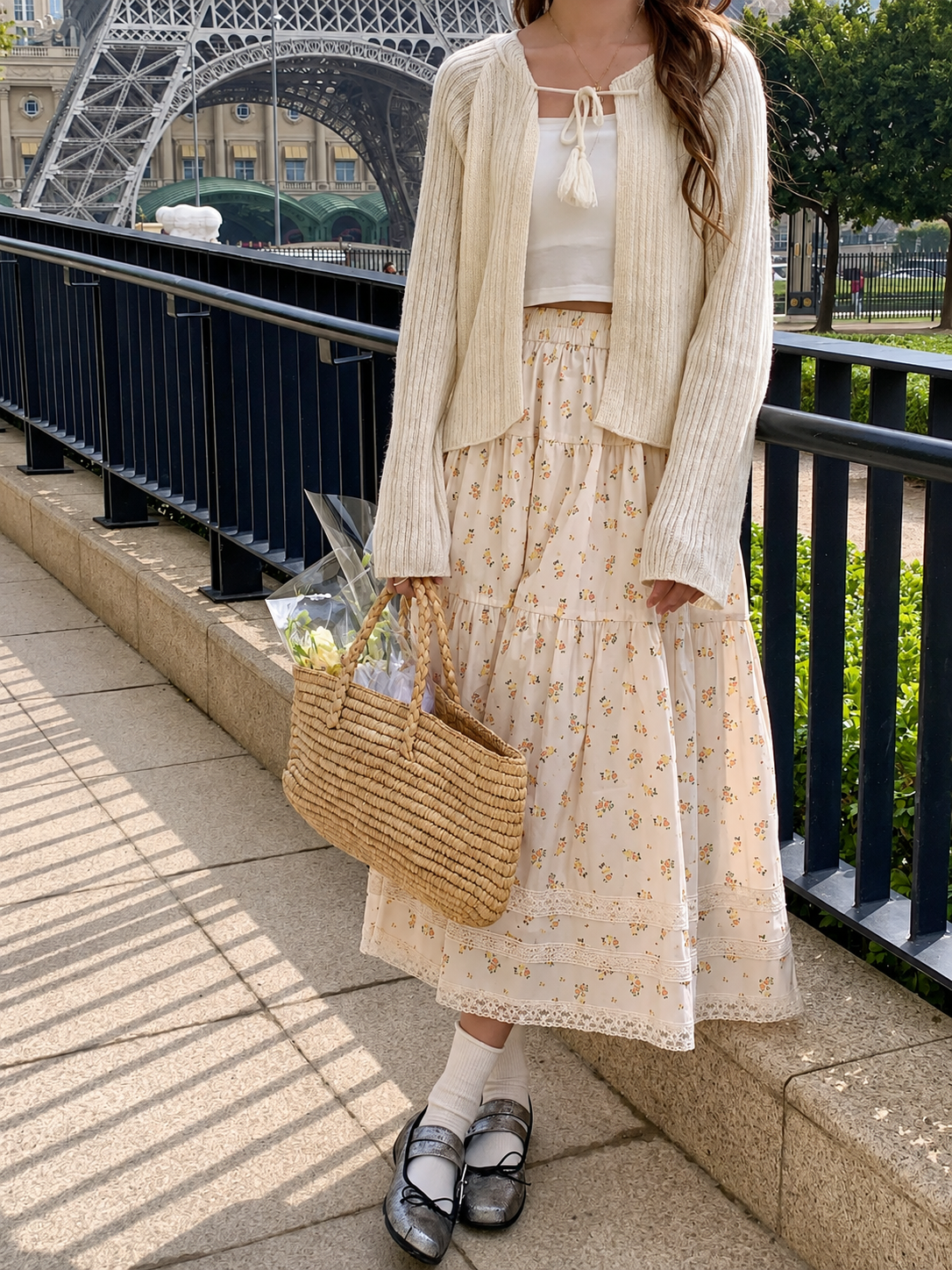 Prairie Ditsy Floral Lace-Hem Midi Skirt