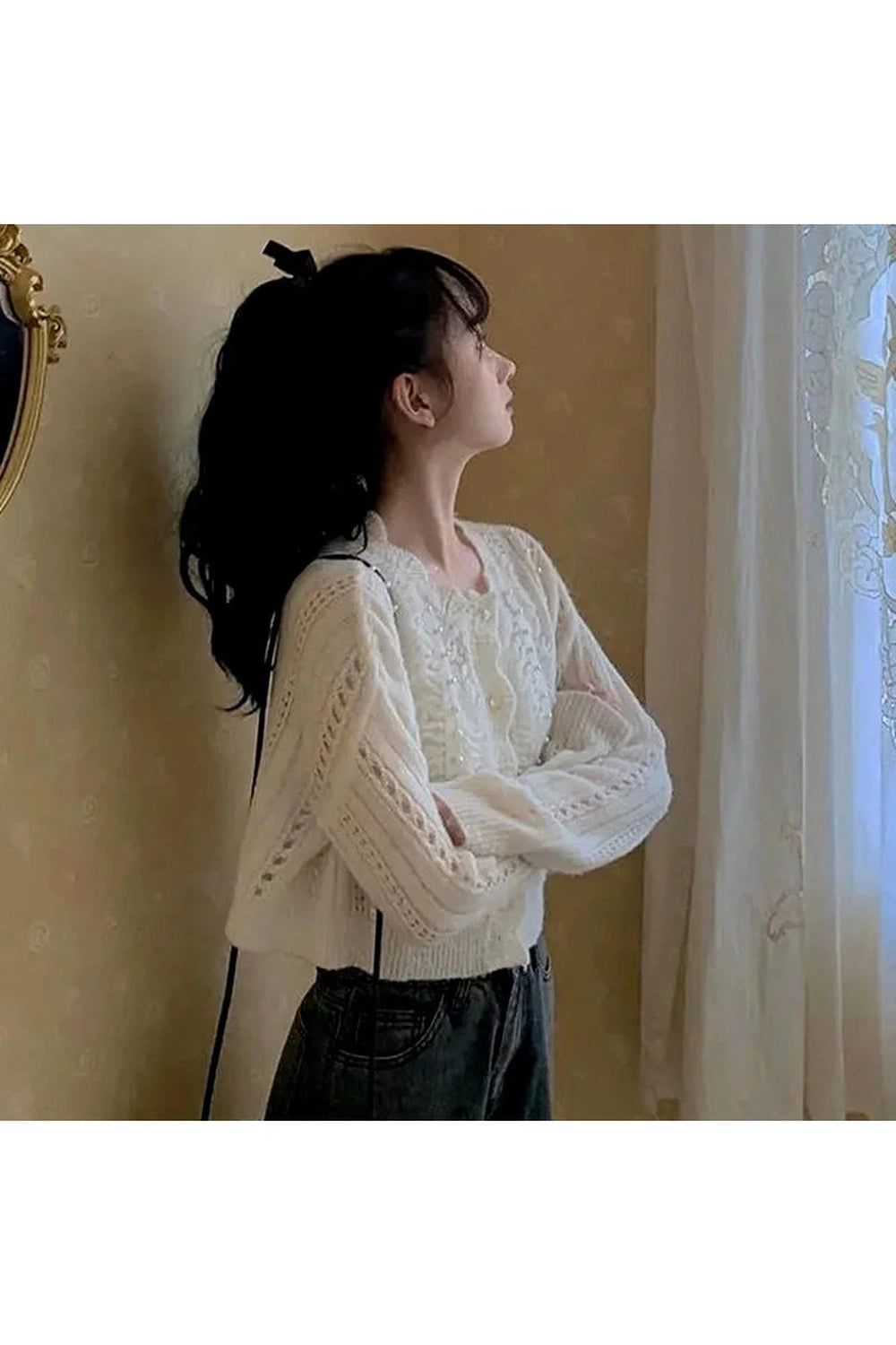 Vintage Pearl-Embellished Knit Fall Cardigan cottagecoreclothes