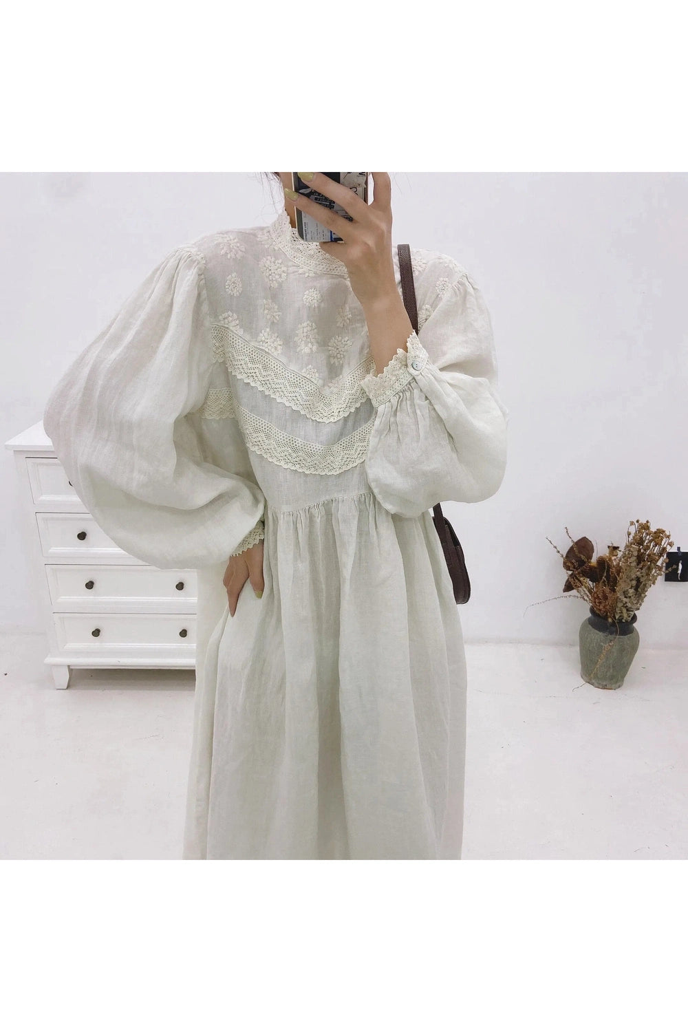 Johnature Floral Linen Ruffle Dress cottagecoreclothes