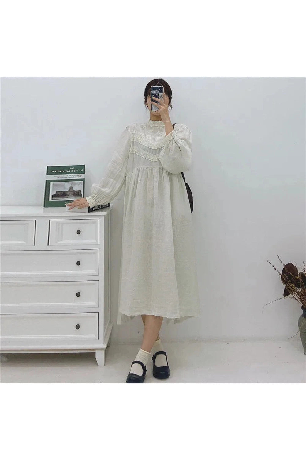 Johnature Floral Linen Ruffle Dress cottagecoreclothes