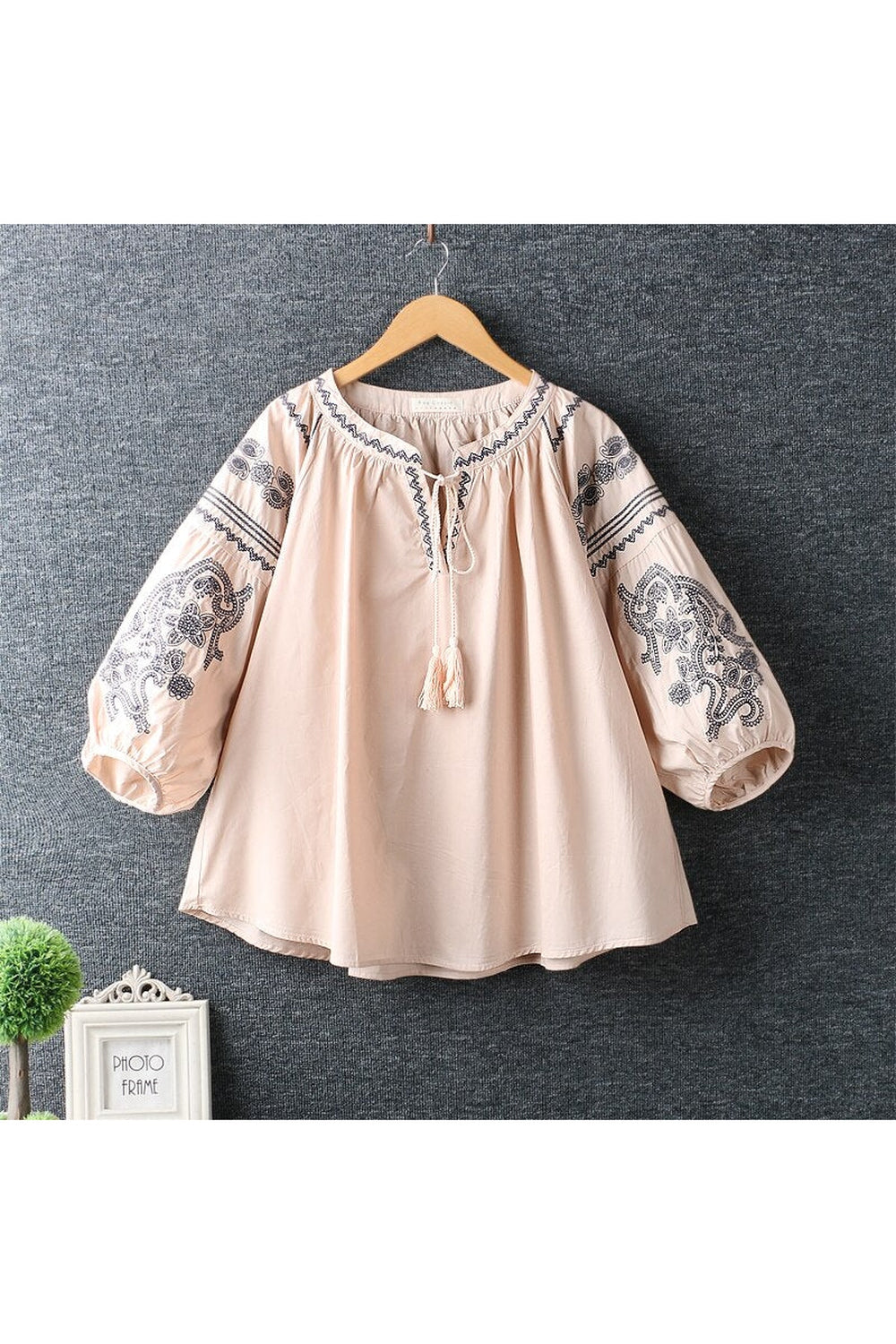 Ethnic Lace-Up Lantern Blouse cottagecoreclothes