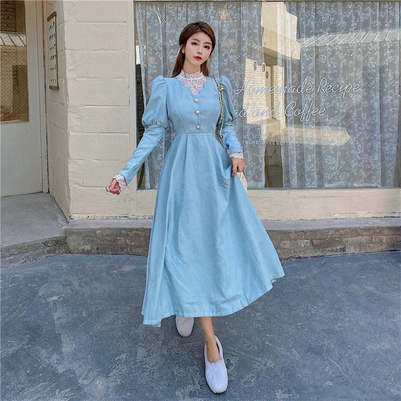 Cottagecore Lace-Trim Midi Dress