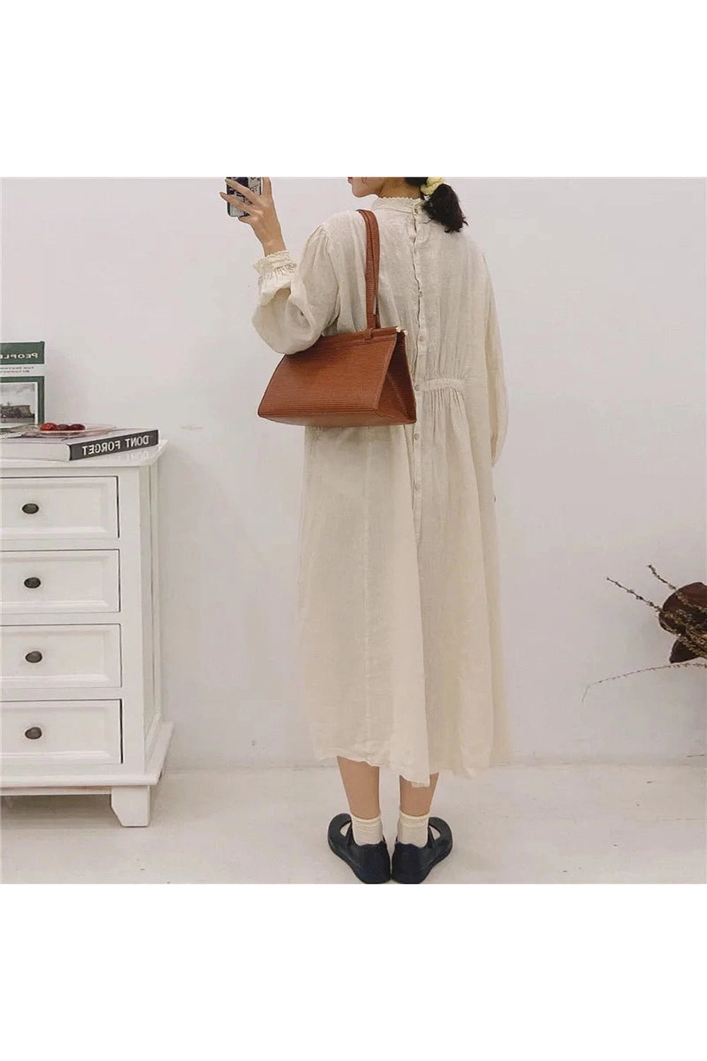 Johnature Floral Linen Ruffle Dress cottagecoreclothes