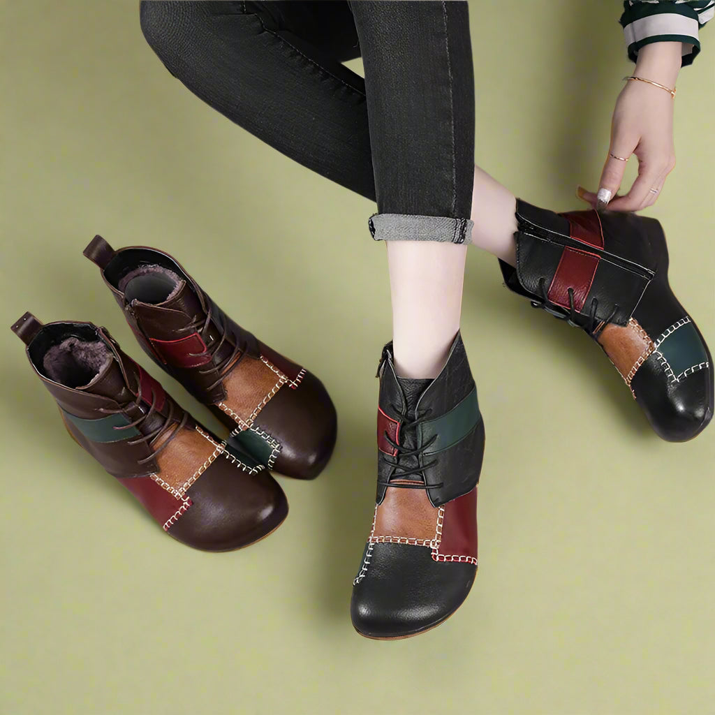 Goblincore Patchwork Leather Ankle Boots cottagecoreclothes