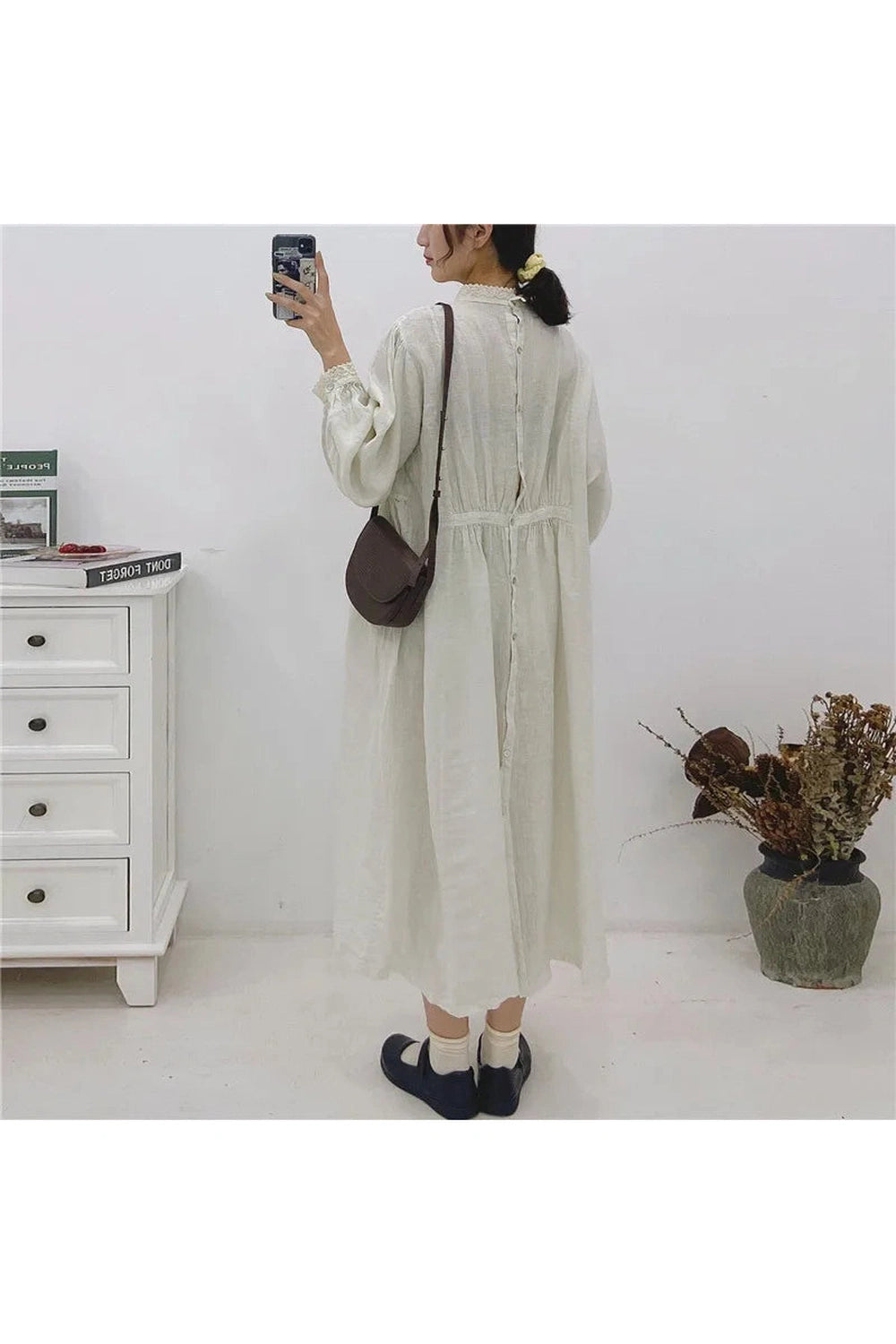 Johnature Floral Linen Ruffle Dress cottagecoreclothes