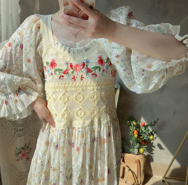Prairie Embroidered Floral Lace Midi Dress