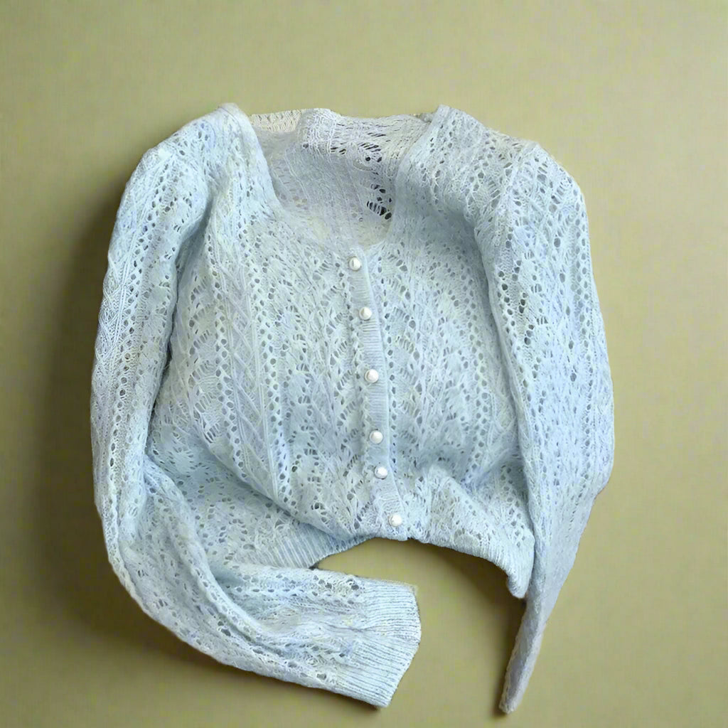 Vintage Soft Blue Lace Button-Up Sweater cottagecoreclothes