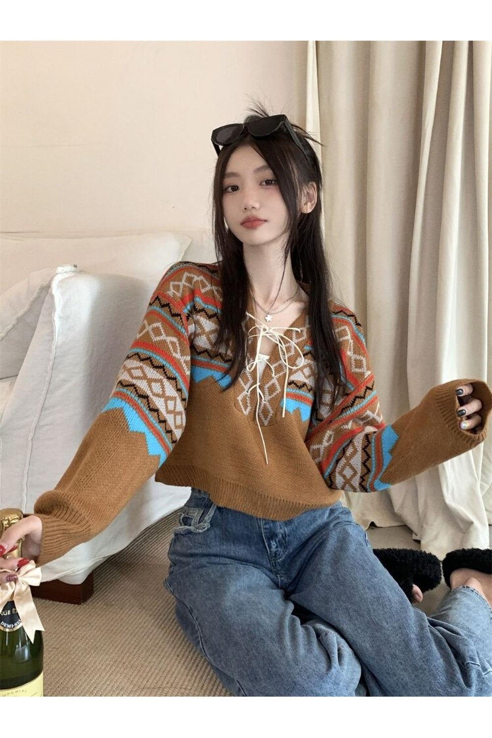 Lace-up V-neck Fall Sweater cottagecoreclothes