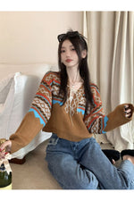Lace-up V-neck Fall Sweater cottagecoreclothes