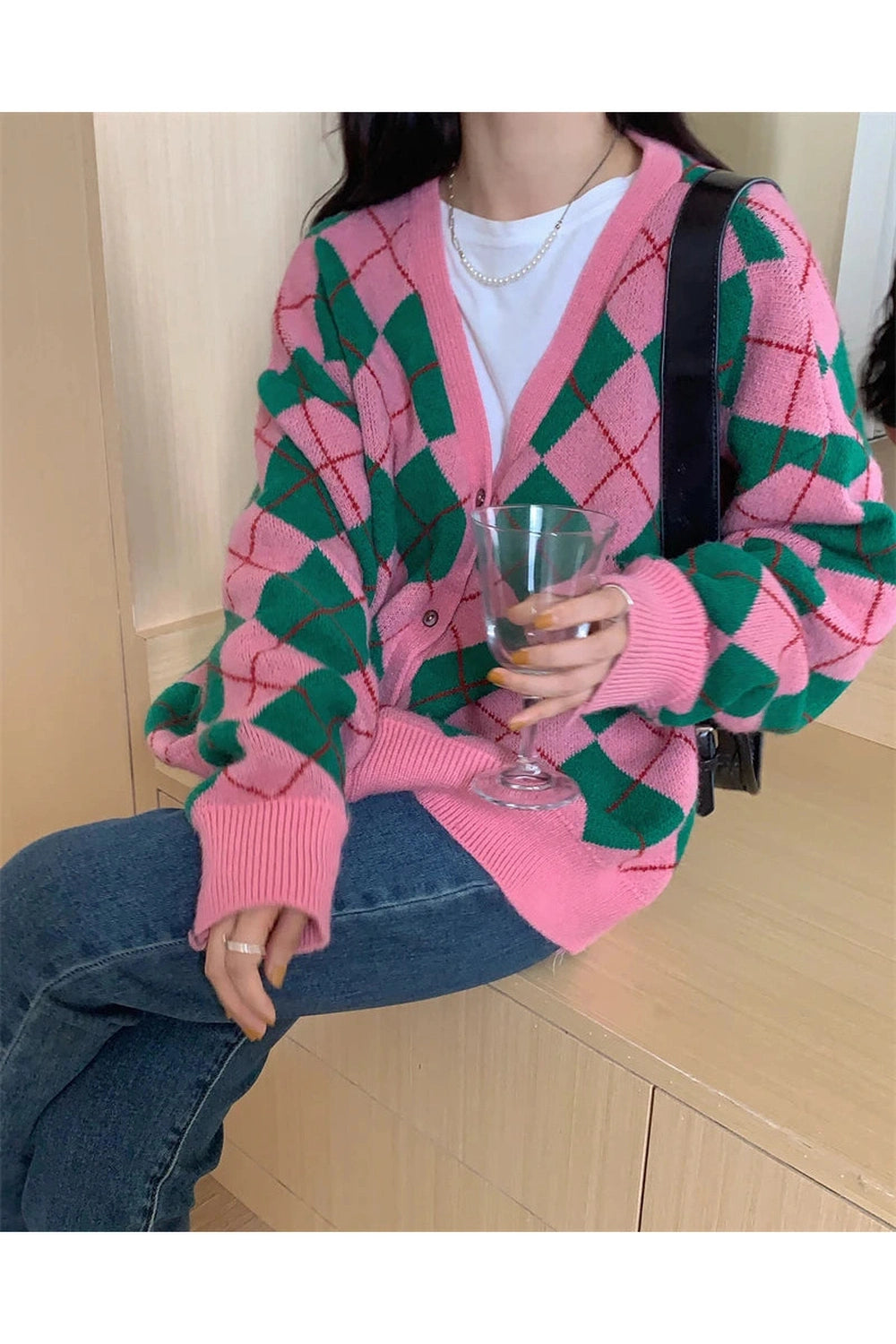 Retro Argyle Knit Fall Cardigan cottagecoreclothes