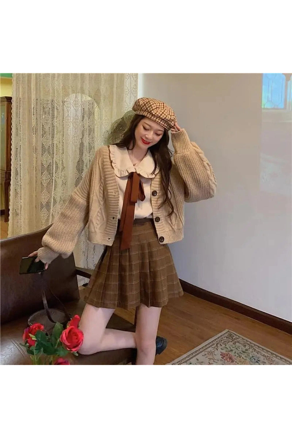 Mori Girl Bow Tie Plaid Outfit Set cottagecoreclothes