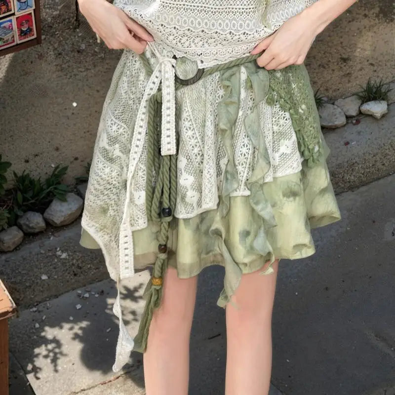 Goblincore Green Garden Tiered Midi Skirt