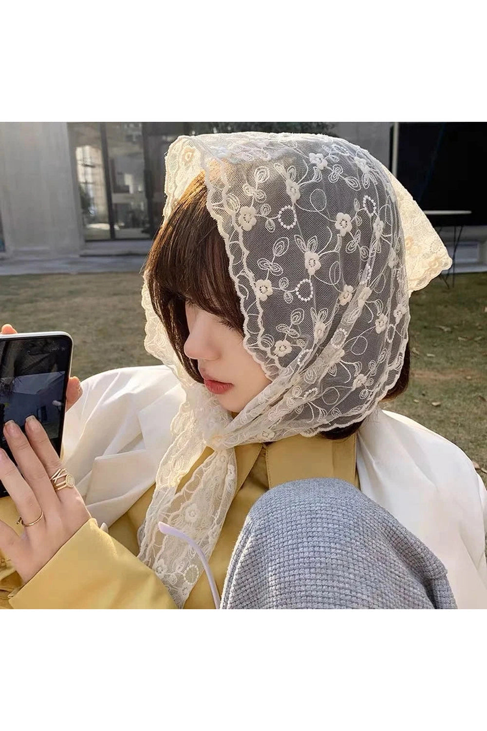 White Floral Lace Hair Scarf cottagecoreclothes