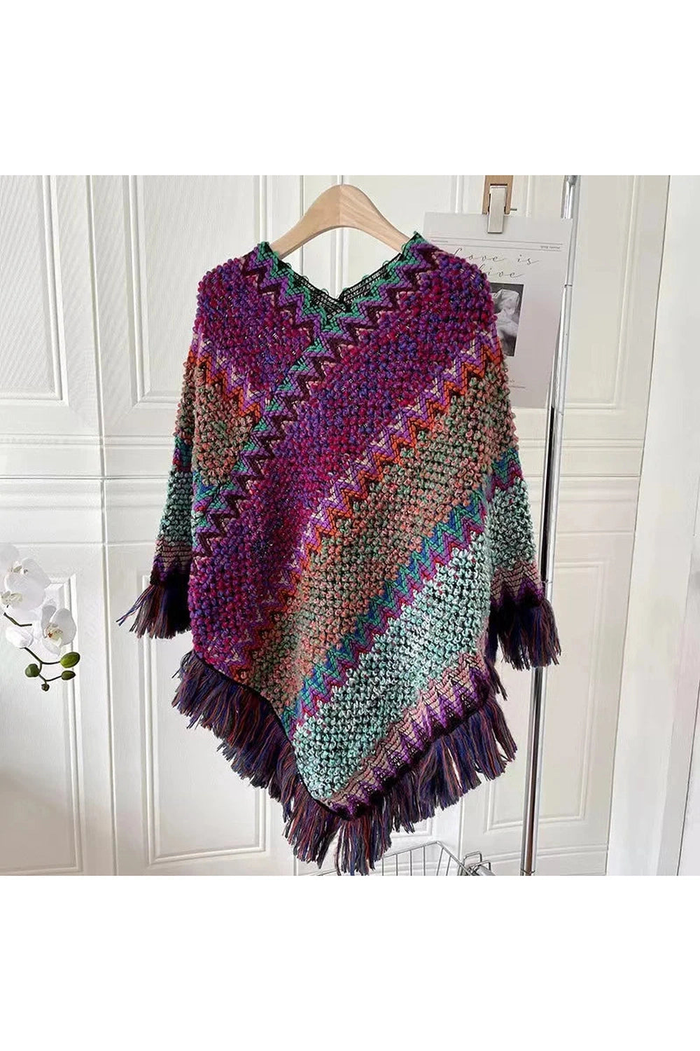 Boho Fringe Knit Poncho cottagecoreclothes