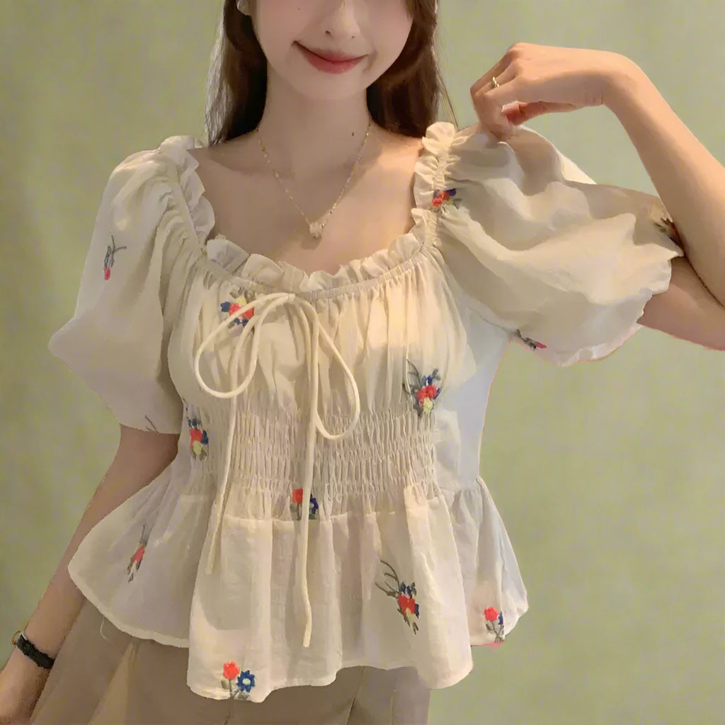 Vintage Square Neck Floral Babydoll Blouse cottagecoreclothes