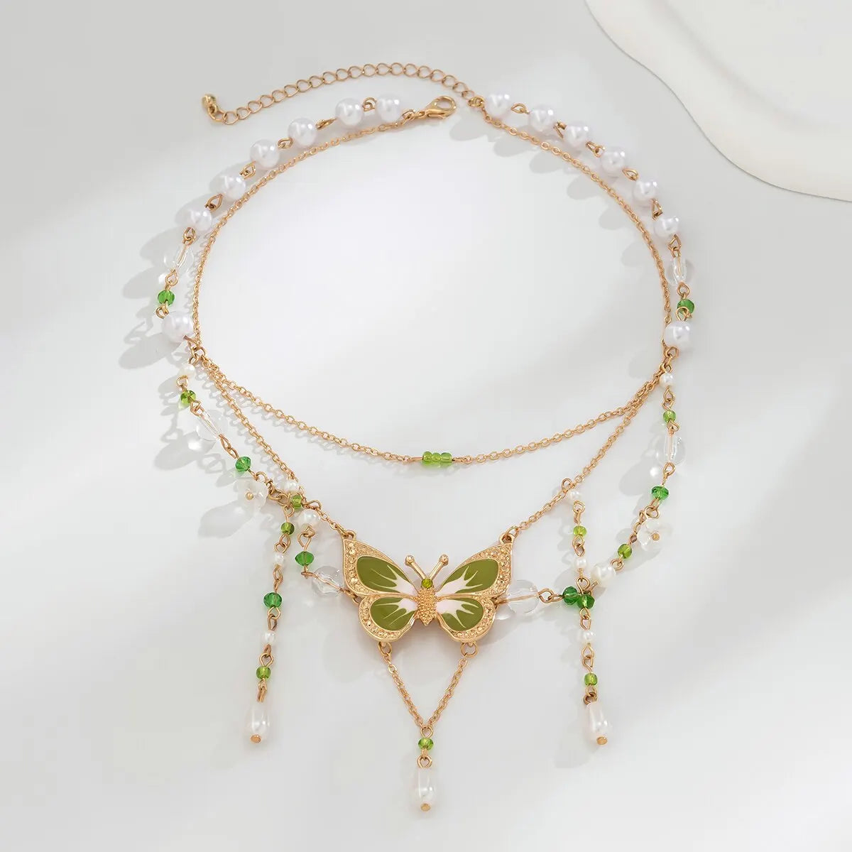 Fairycore Green Butterfly Pearl Necklace