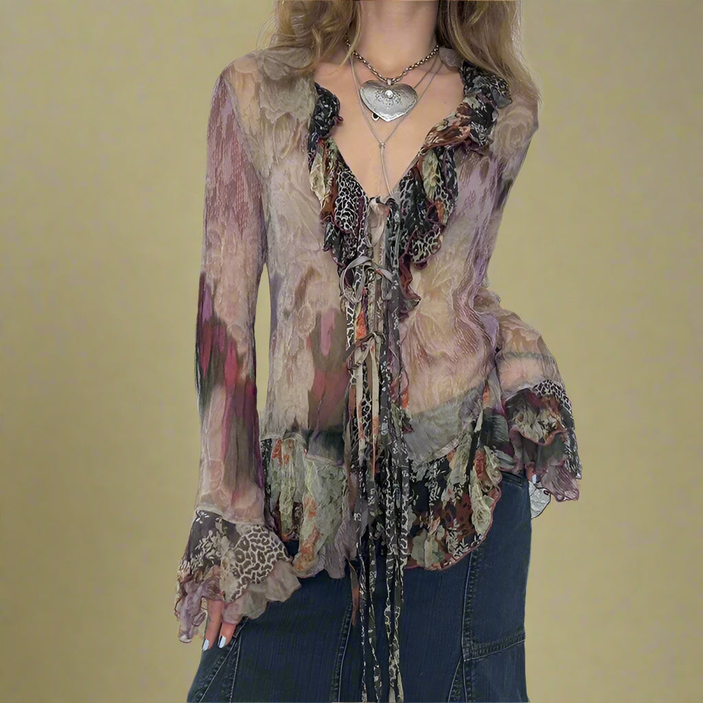 Fairygrunge Lace-Up Ruffle Blouse cottagecoreclothes