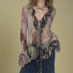 Fairygrunge Lace-Up Ruffle Blouse cottagecoreclothes
