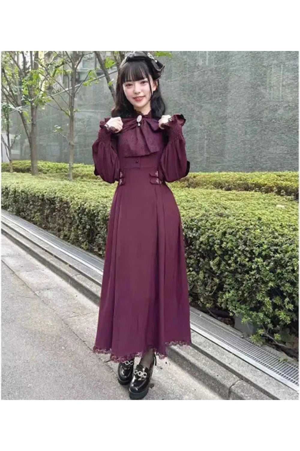 Vintage Bow Tie Long Sleeve Dress cottagecoreclothes