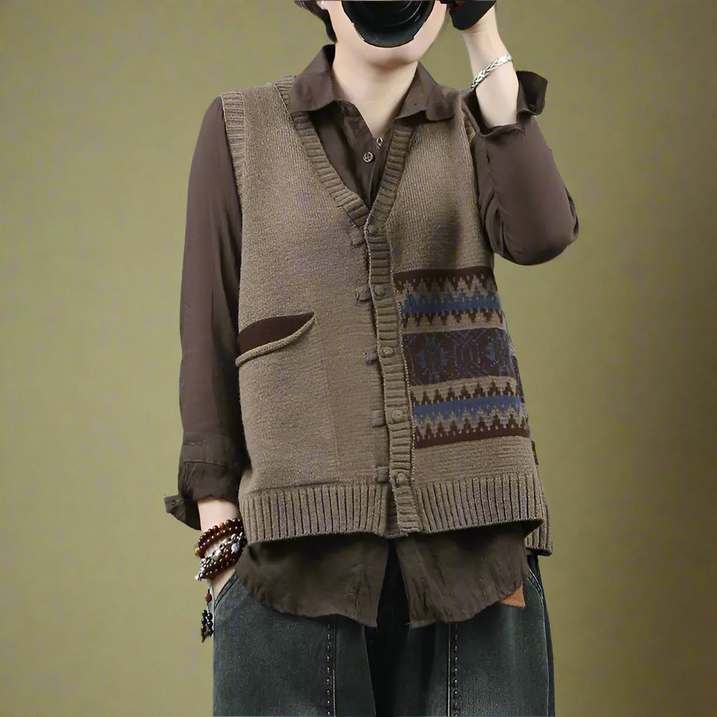 Vintage Folk Style Pocketed Sweater Vest cottagecoreclothes