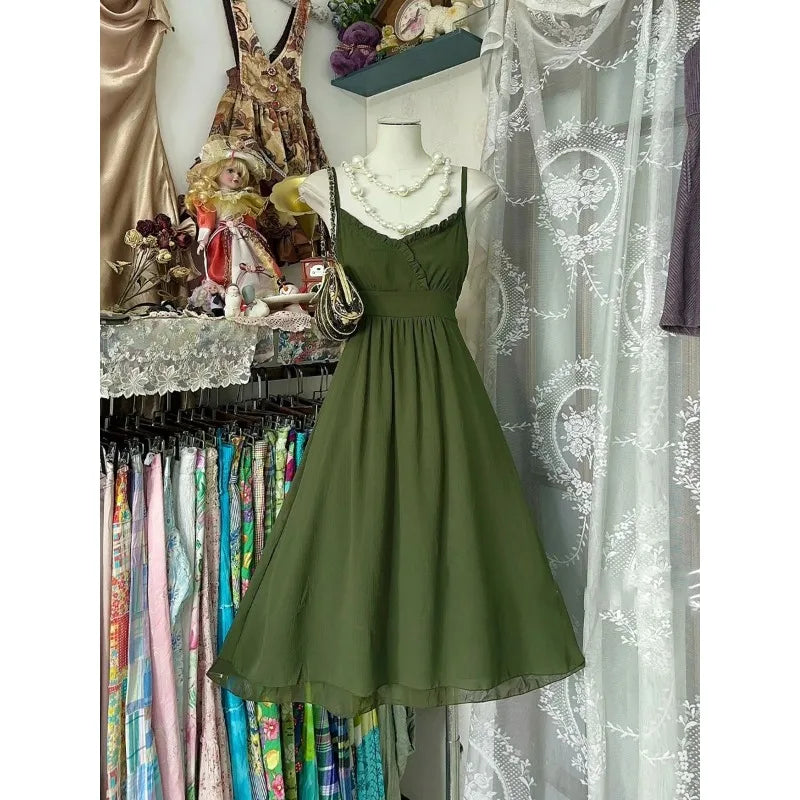 Cottagecore Moss Garden Ruffle Slip Dress