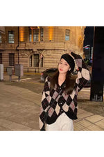 Retro Argyle Knit Fall Cardigan cottagecoreclothes