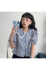 Blue Floral Lace Collar Shirt cottagecoreclothes