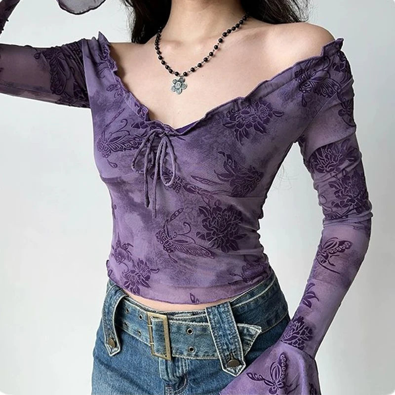 Fairycore Ruffle Bell Sleeve Mesh Top