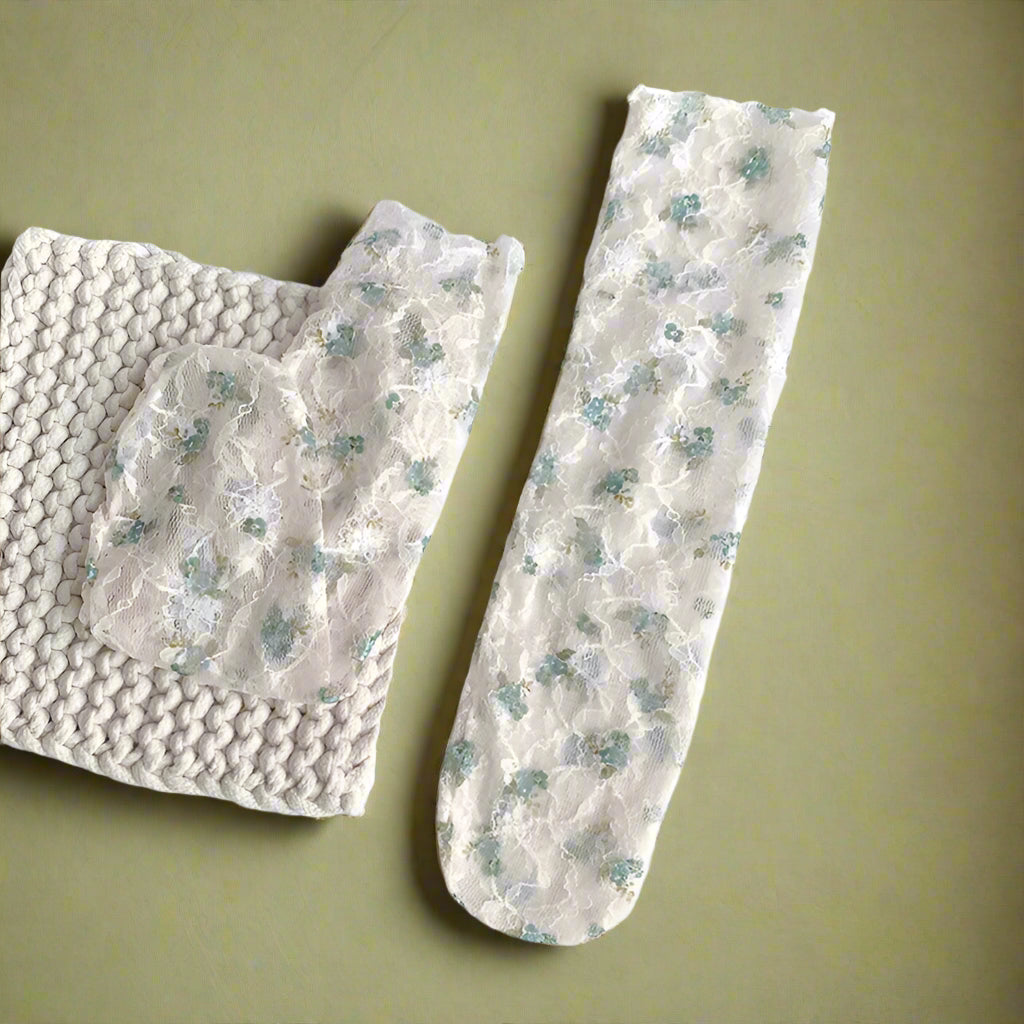 Vintage Blue Floral Sheer Socks cottagecoreclothes