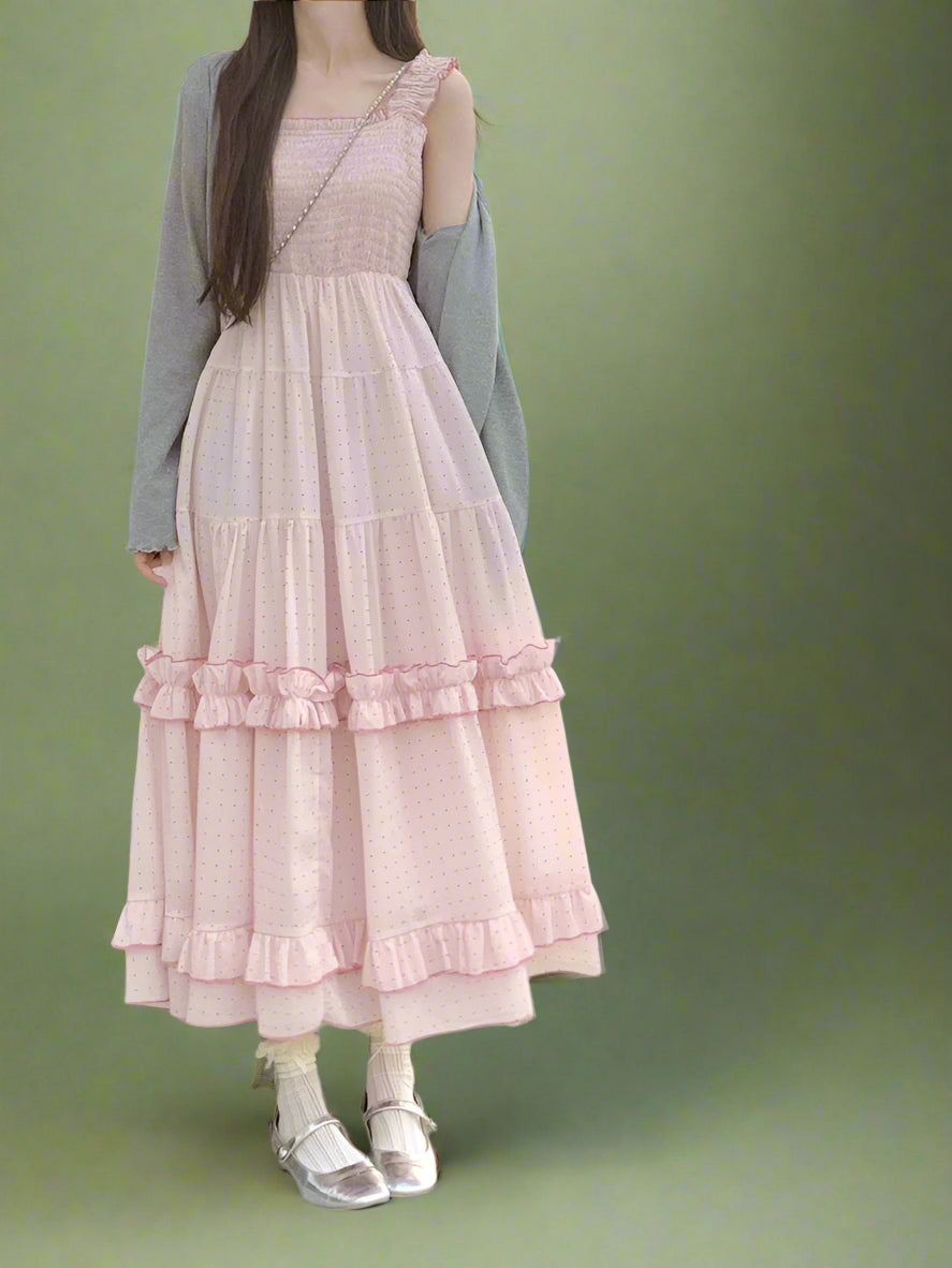 Fairycore Pink Ruffled Midi Dress cottagecoreclothes