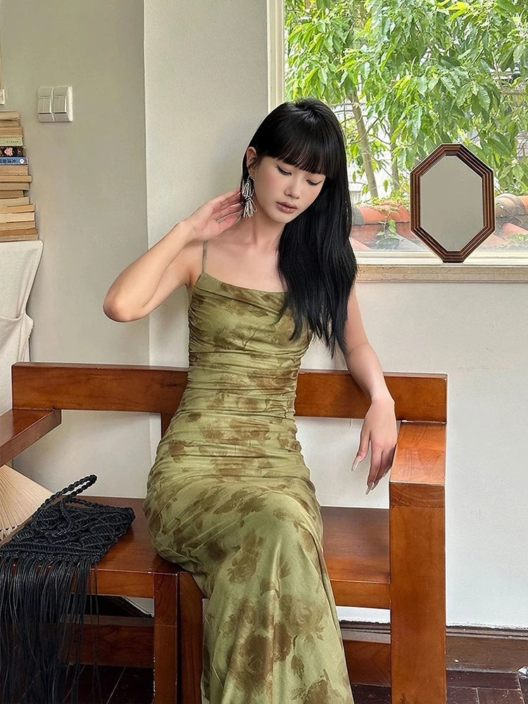 Retro Olive Ruched Floral Maxi Dress