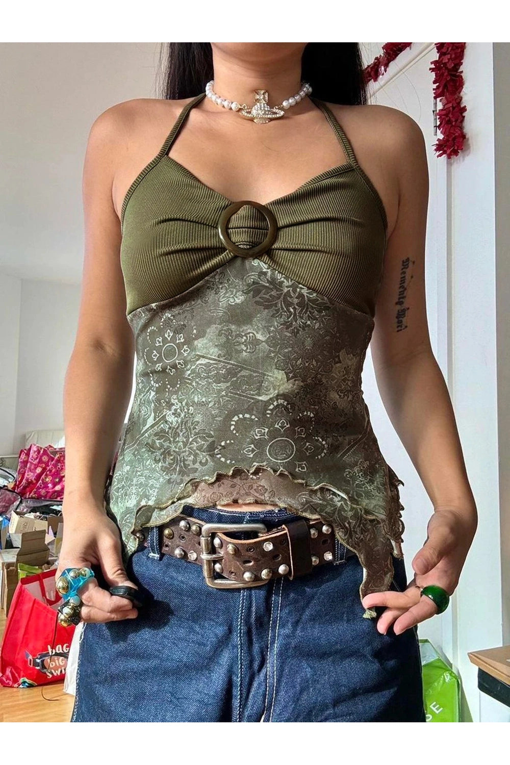 Vintage Print Mesh Crop Top cottagecoreclothes