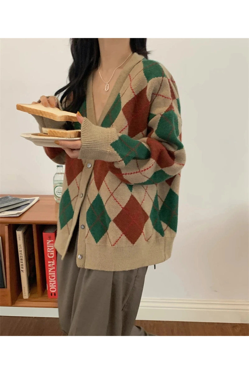 Retro Argyle Knit Fall Cardigan cottagecoreclothes