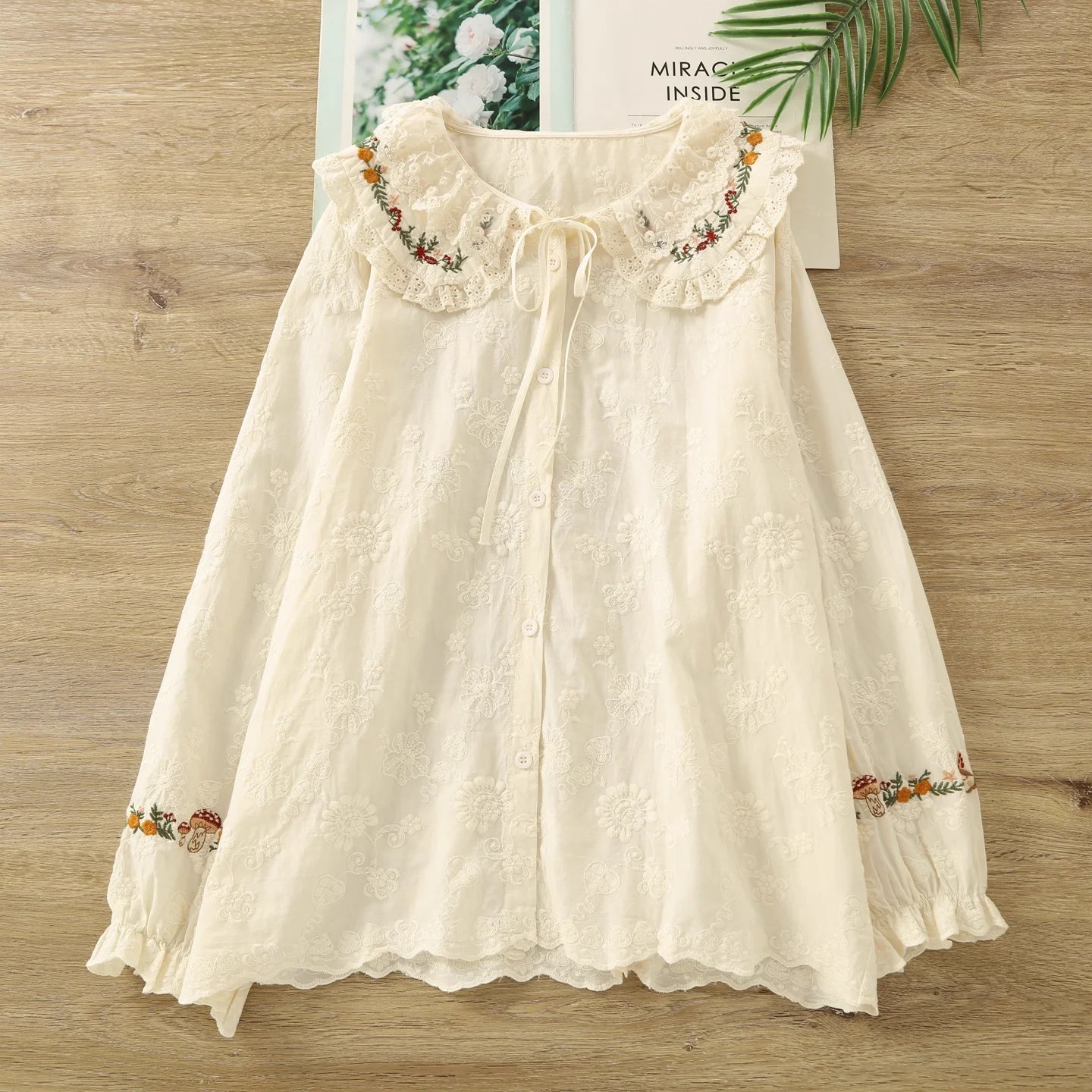 Cream Cottagecore Embroidered Lace Blouse