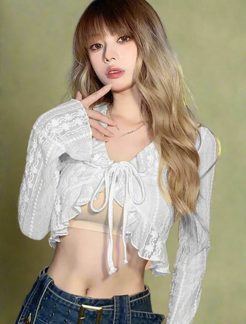 Fairycore Lace-Up Ruffle Crop Top cottagecoreclothes