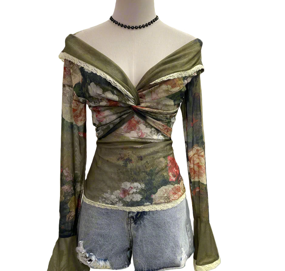 Fairycore Off-Shoulder Floral Mesh Top cottagecoreclothes