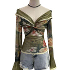 Fairycore Off-Shoulder Floral Mesh Top cottagecoreclothes