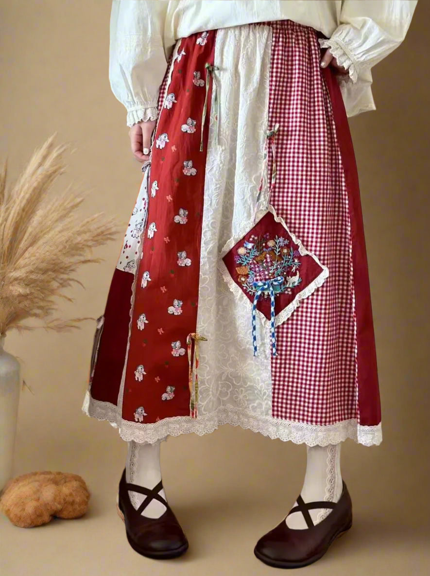 Mori Girl Cherry Picnic Patchwork Skirt cottagecoreclothes