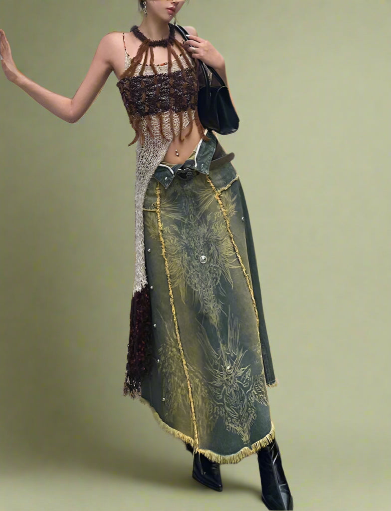 Fairy grunge Distressed Forest-Inspired Denim Skirt cottagecoreclothes