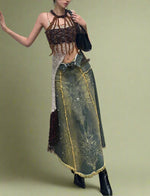 Fairy grunge Distressed Forest-Inspired Denim Skirt cottagecoreclothes