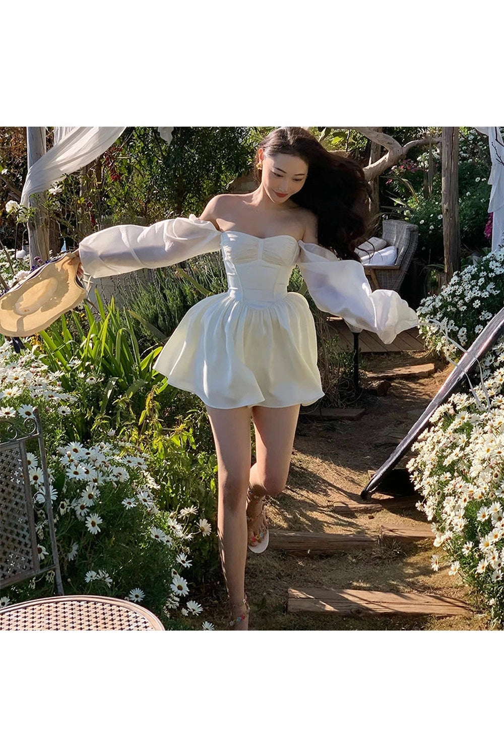 White Bubble Sleeve Dress cottagecoreclothes