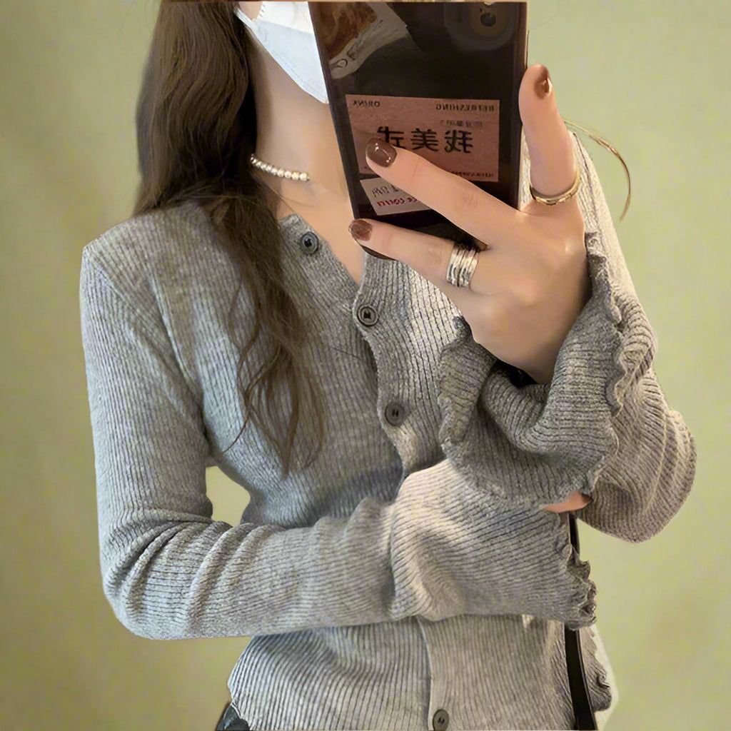 Vintage Ruffled Hem Button-Up Knit Top cottagecoreclothes