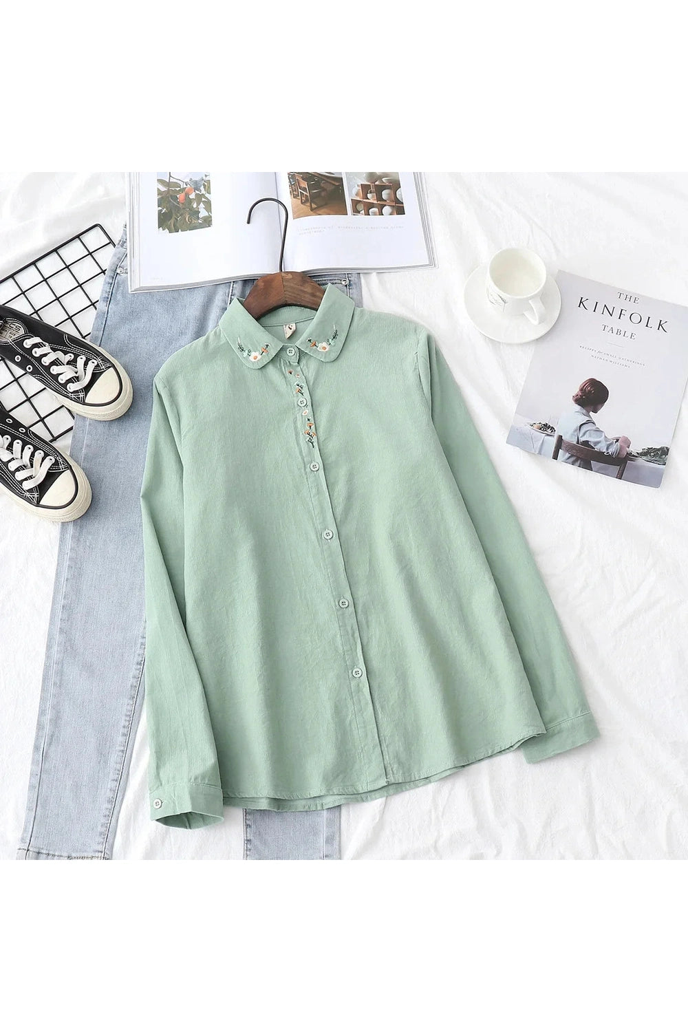 Embroidered Corduroy White Shirt cottagecoreclothes