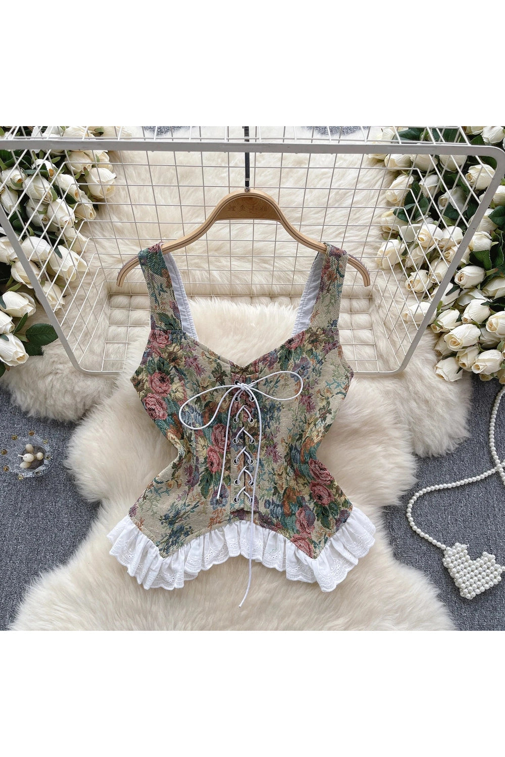 Retro Print Lace Top cottagecoreclothes