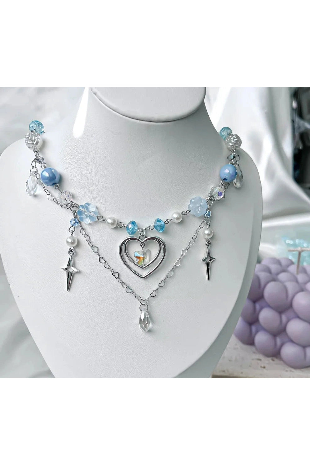 Blue Heart Beaded Necklace cottagecoreclothes