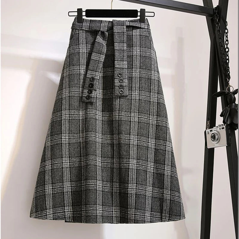 Vintage Plaid Belted Midi Skirt cottagecoreclothes
