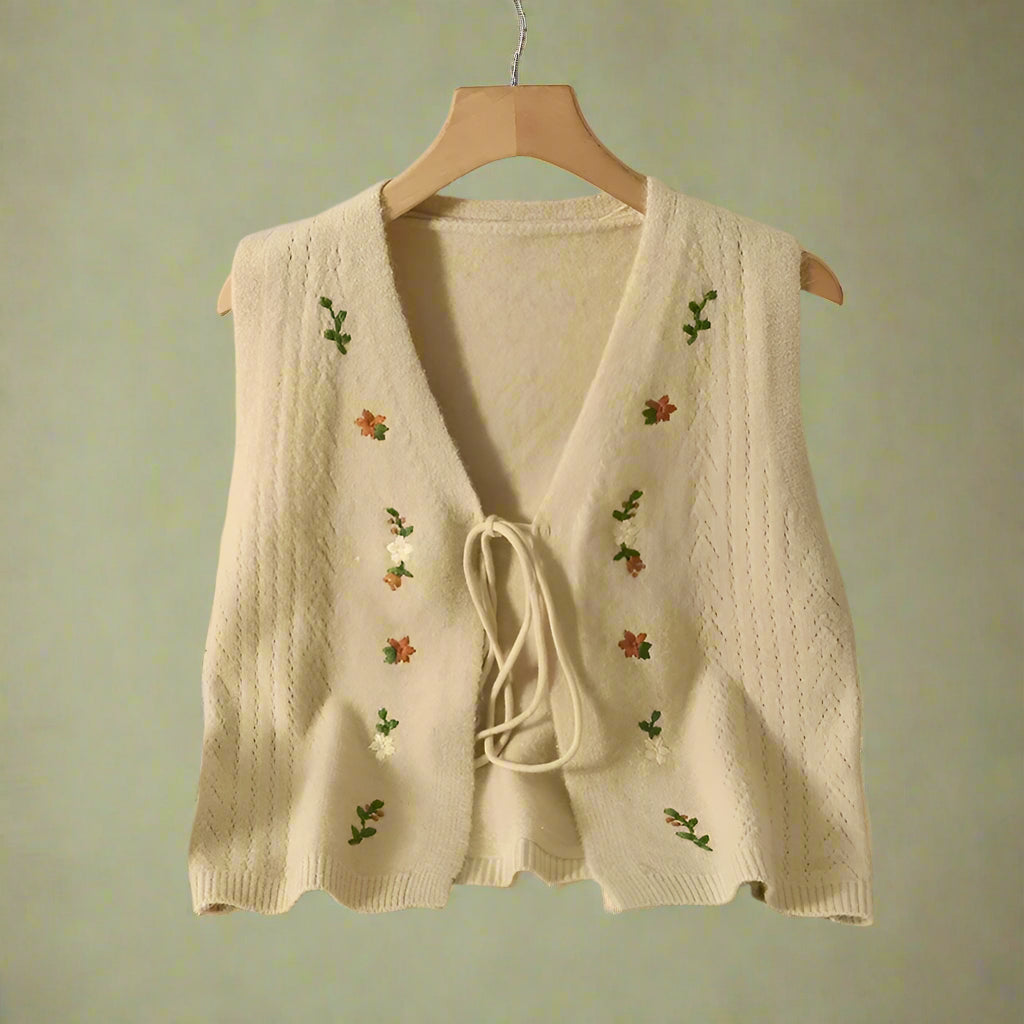 Cottagecore Tie-Front Floral Embroidered Knit Vest cottagecoreclothes